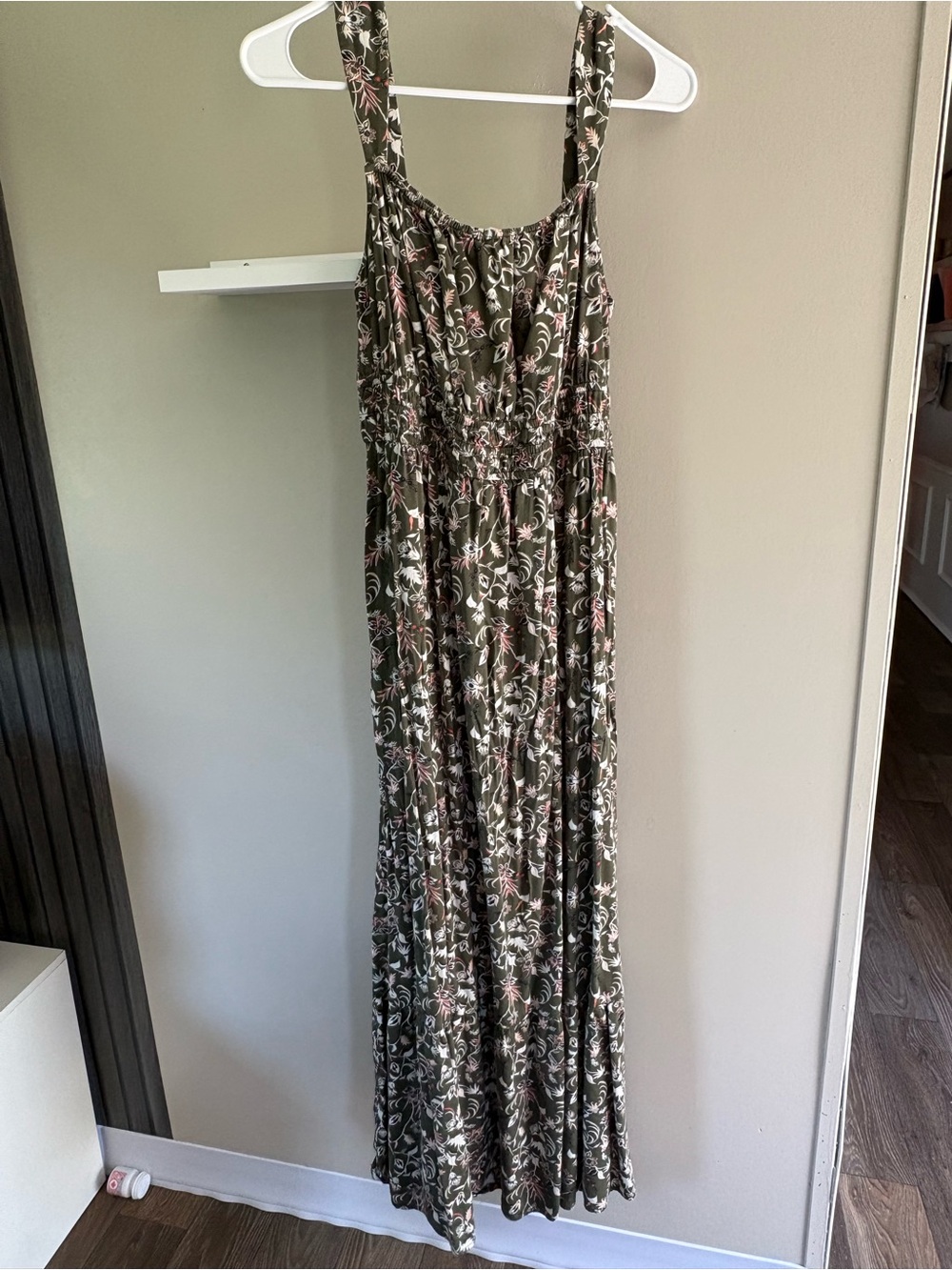 LOFT Olive Green Floral Maxi Dress with Pink & White Accents